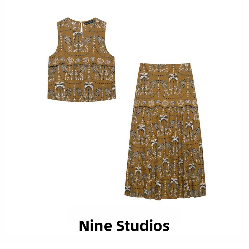 Midi Skirt Floral - NINE ZAR Kadın Moda Takımı, Kolsuz
