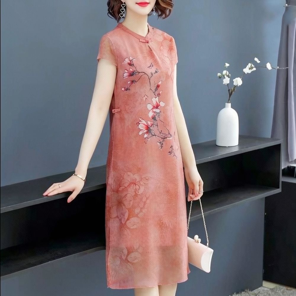 Midi Skirt Floral - Yazlık Şifon Çiçekli Elbise, Zarif Cheongsam